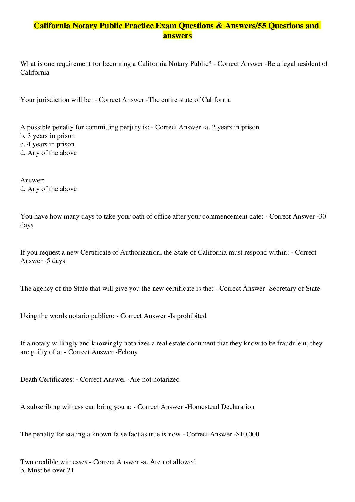 Preview image for California Notary Public Practice Exam Questions & Answers/55 Questions and answers